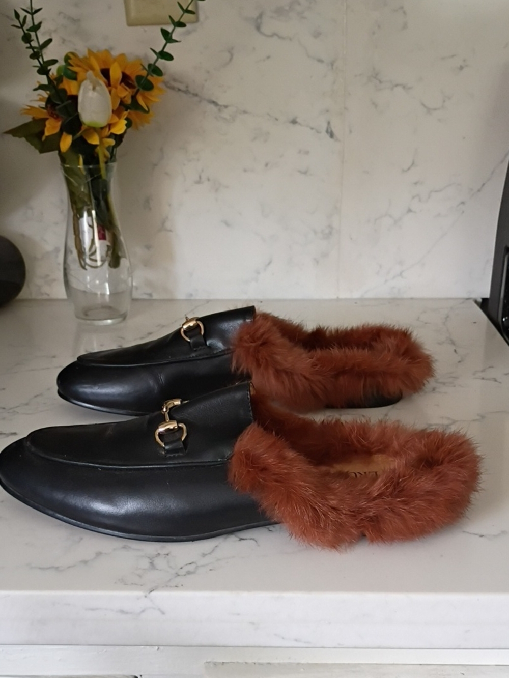 Ferucci Black Leather Fur-Trim Slip-On Loafers with Gold Hardware